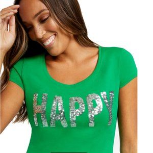 New York & Company Sequined 'Happy' Graphic Tee Size: Small